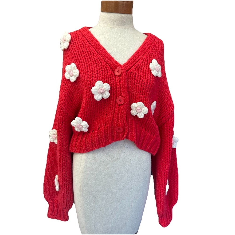 Luna Ivy Small Red Chunky Knit Cropped Cardigan Sweater Fuzzy 3D Flowers V-day